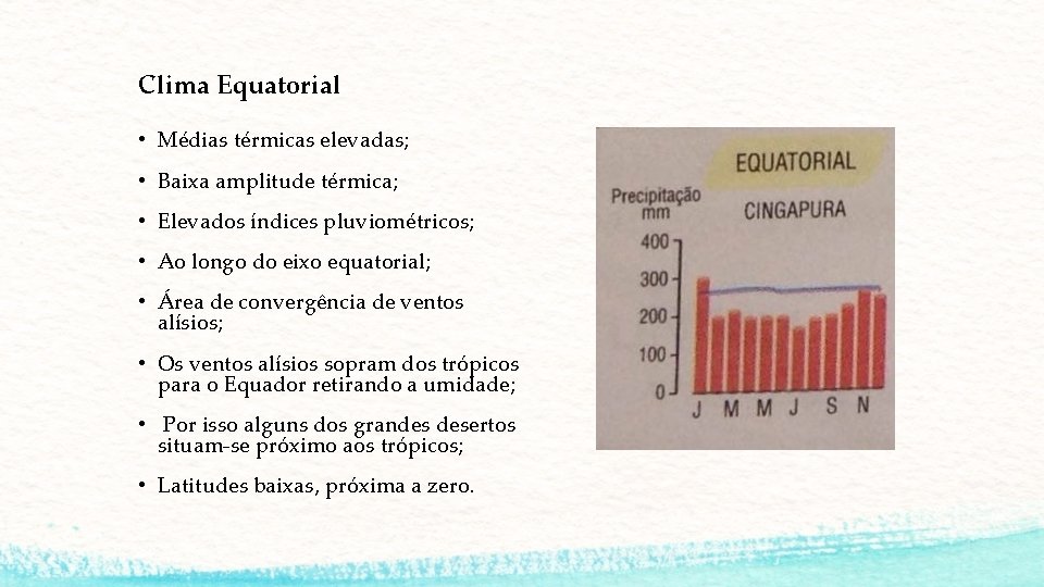 Clima Equatorial • Médias térmicas elevadas; • Baixa amplitude térmica; • Elevados índices pluviométricos; Clima Equatorial • Médias térmicas elevadas; • Baixa amplitude térmica; • Elevados índices pluviométricos;