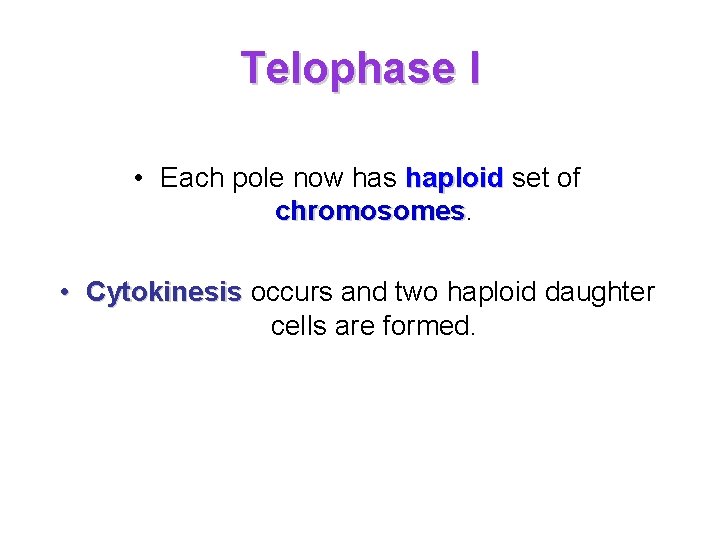 Telophase I • Each pole now has haploid set of chromosomes • Cytokinesis occurs Telophase I • Each pole now has haploid set of chromosomes • Cytokinesis occurs