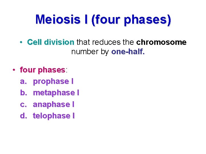 Meiosis I (four phases) • Cell division that reduces the chromosome number by one-half. Meiosis I (four phases) • Cell division that reduces the chromosome number by one-half.