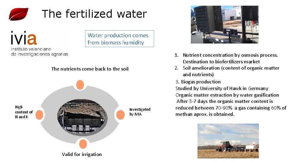 The fertilized water Water production comes from biomass humidity The nutrients come back to