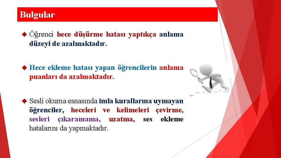 Bulgular Öğrenci hece düşürme hatası yaptıkça anlama düzeyi de azalmaktadır. Hece ekleme hatası yapan