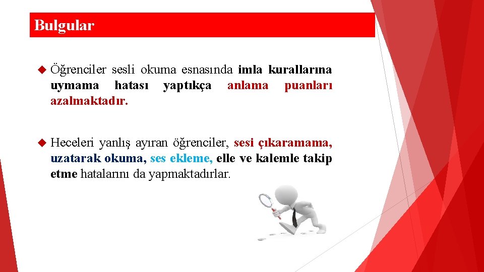 Bulgular Öğrenciler sesli okuma esnasında imla kurallarına uymama hatası yaptıkça anlama puanları azalmaktadır. Heceleri