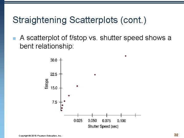 Straightening Scatterplots (cont. ) n A scatterplot of f/stop vs. shutter speed shows a