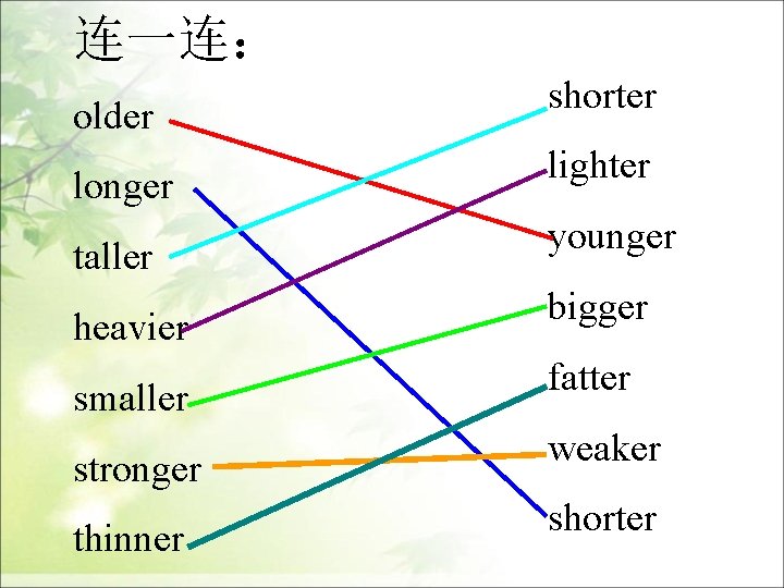 连一连： older longer taller heavier smaller stronger thinner shorter lighter younger bigger fatter weaker