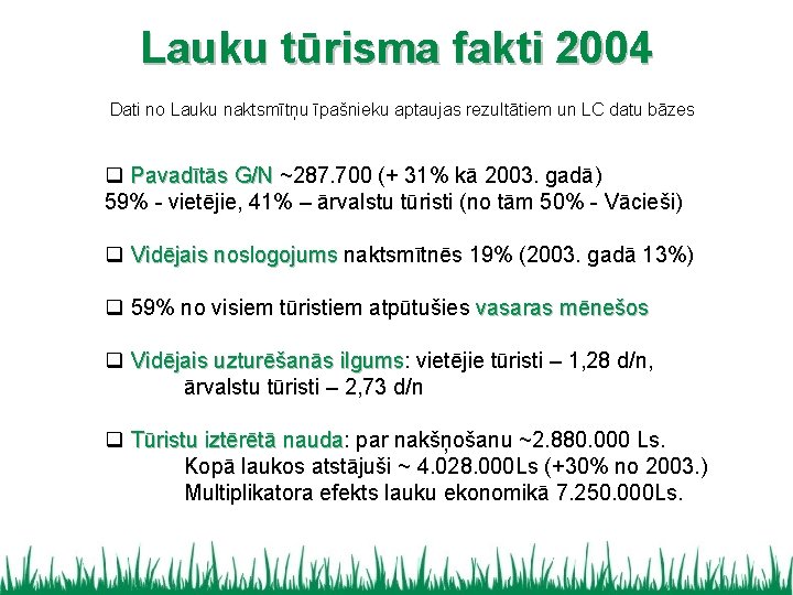 Lauku tūrisma fakti 2004 Dati no Lauku naktsmītņu īpašnieku aptaujas rezultātiem un LC datu