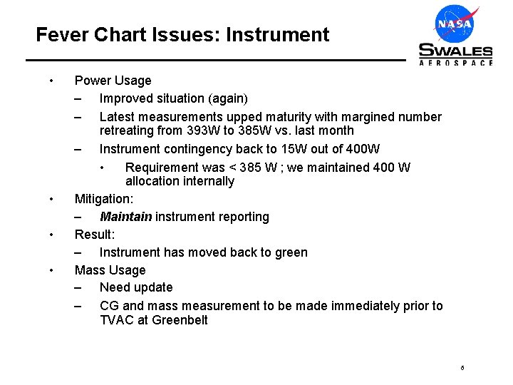 Fever Chart Issues: Instrument • • Power Usage – Improved situation (again) – Latest