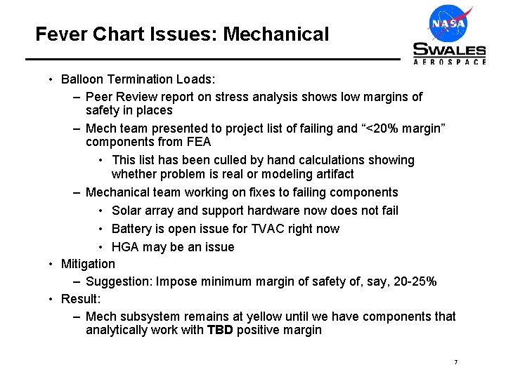 Fever Chart Issues: Mechanical • Balloon Termination Loads: – Peer Review report on stress