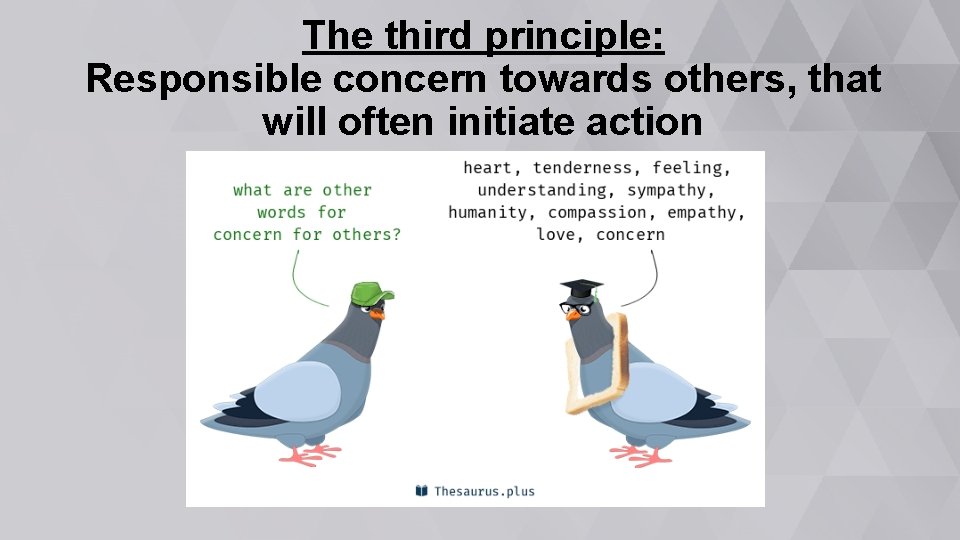 The third principle: Responsible concern towards others, that will often initiate action 