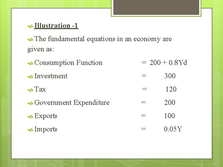  Illustration -1 The fundamental equations in an economy are given as: Consumption Function