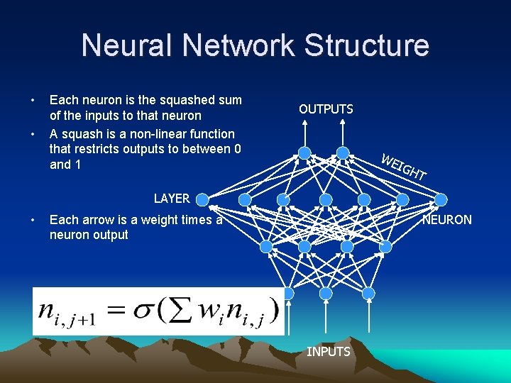 Neural Network Structure • • Each neuron is the squashed sum of the inputs