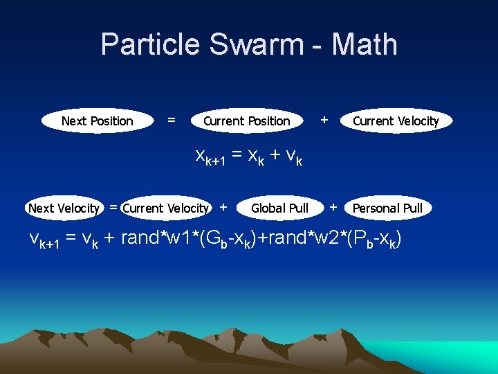 Particle Swarm - Math Next Position = Current Position + Current Velocity xk+1 =
