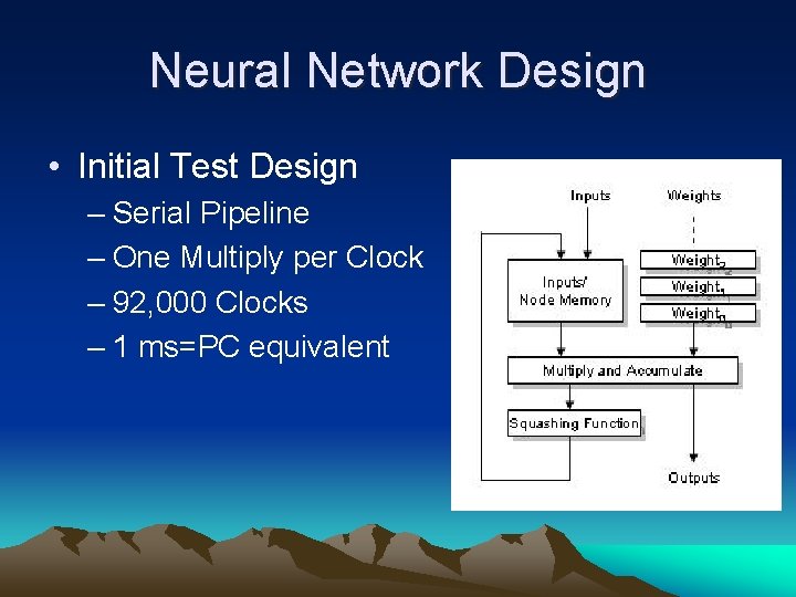 Neural Network Design • Initial Test Design – Serial Pipeline – One Multiply per