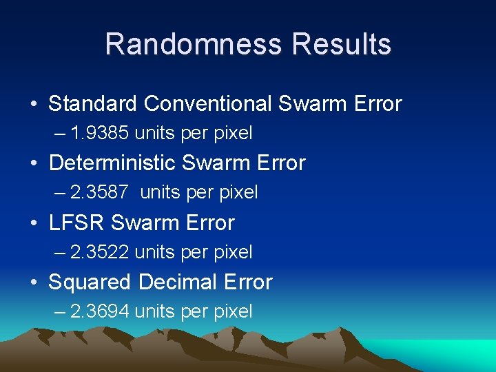 Randomness Results • Standard Conventional Swarm Error – 1. 9385 units per pixel •