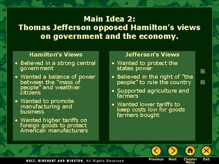 Main Idea 2: Thomas Jefferson opposed Hamilton’s views on government and the economy. Hamilton’s