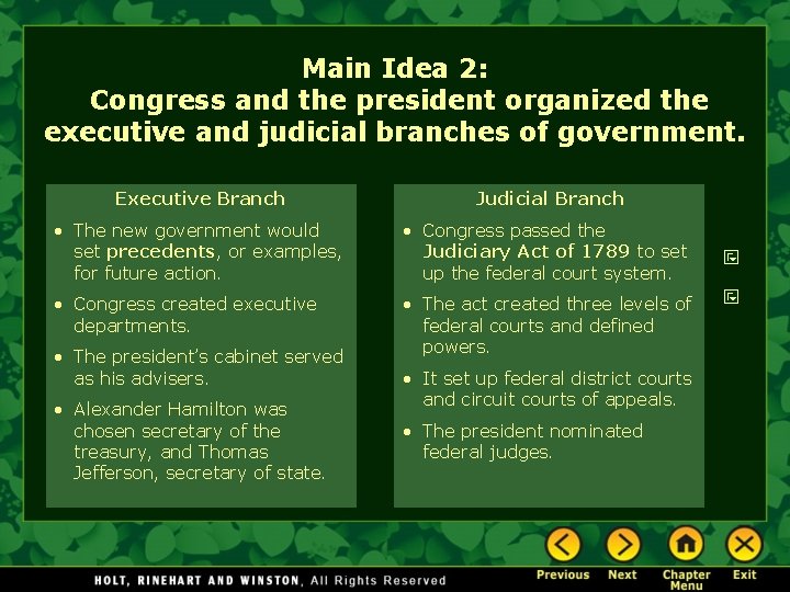 Main Idea 2: Congress and the president organized the executive and judicial branches of