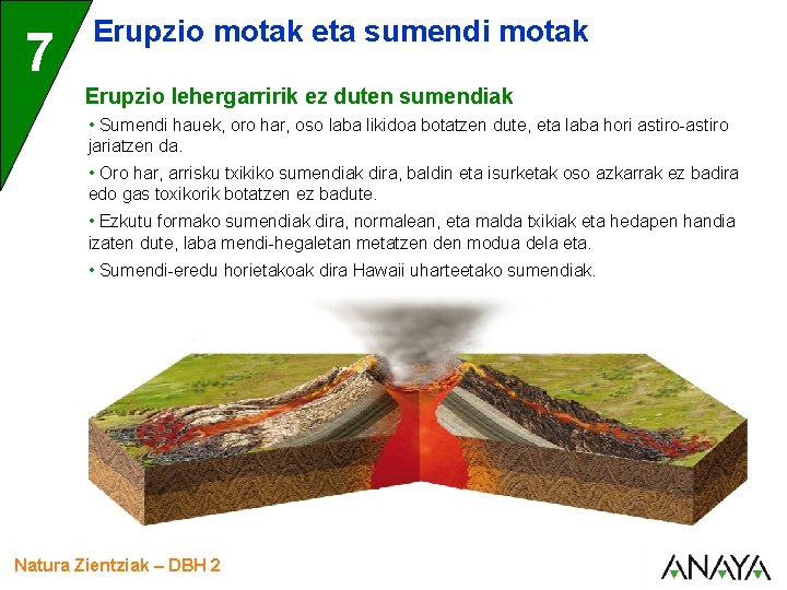 7 Erupzio motak eta sumendi motak Erupzio lehergarririk ez duten sumendiak • Sumendi hauek,