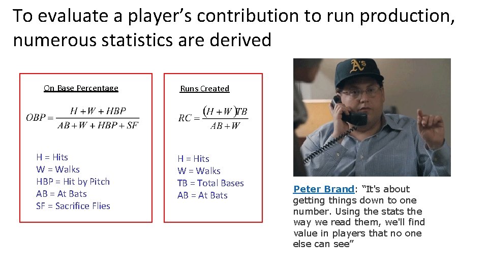 To evaluate a player’s contribution to run production, numerous statistics are derived On Base