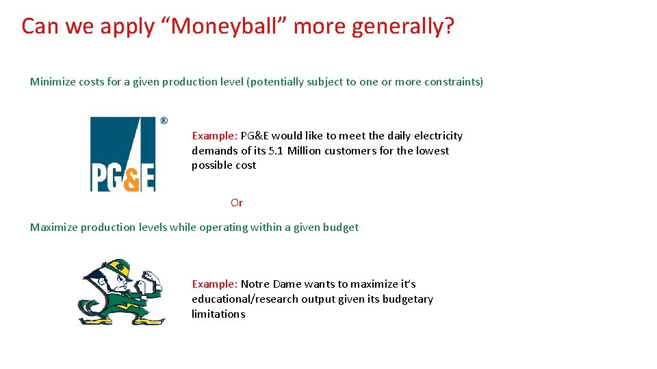 Can we apply “Moneyball” more generally? Minimize costs for a given production level (potentially