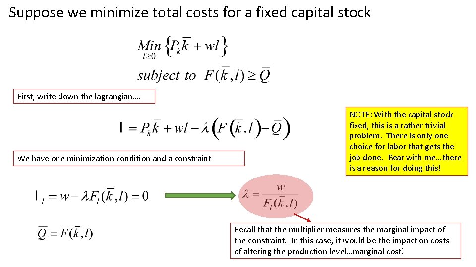 Suppose we minimize total costs for a fixed capital stock First, write down the