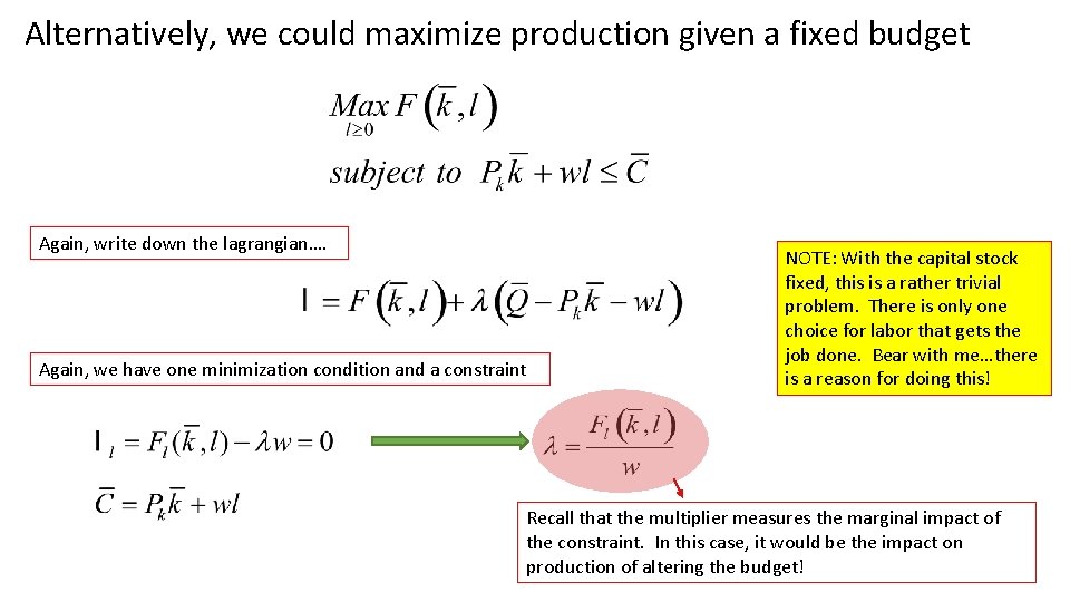 Alternatively, we could maximize production given a fixed budget Again, write down the lagrangian….