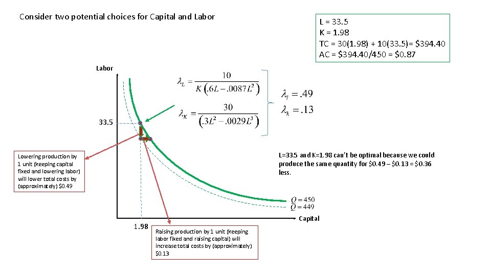 Consider two potential choices for Capital and Labor L = 33. 5 K =