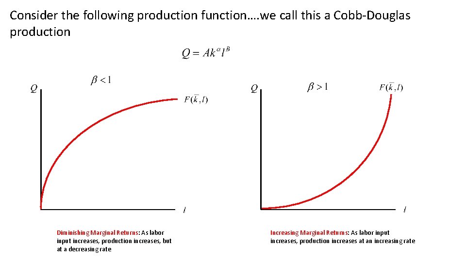 Consider the following production function…. we call this a Cobb-Douglas production Diminishing Marginal Returns: