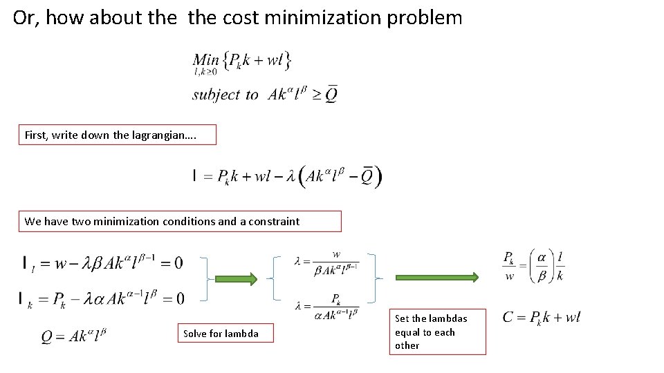 Or, how about the cost minimization problem First, write down the lagrangian…. We have