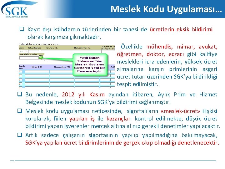 Meslek Kodu Uygulaması… q Kayıt dışı istihdamın türlerinden bir tanesi de ücretlerin eksik bildirimi