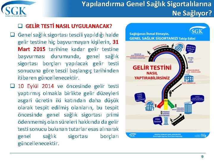 Yapılandırma Genel Sağlık Sigortalılarına Ne Sağlıyor? q GELİR TESTİ NASIL UYGULANACAK? q Genel sağlık