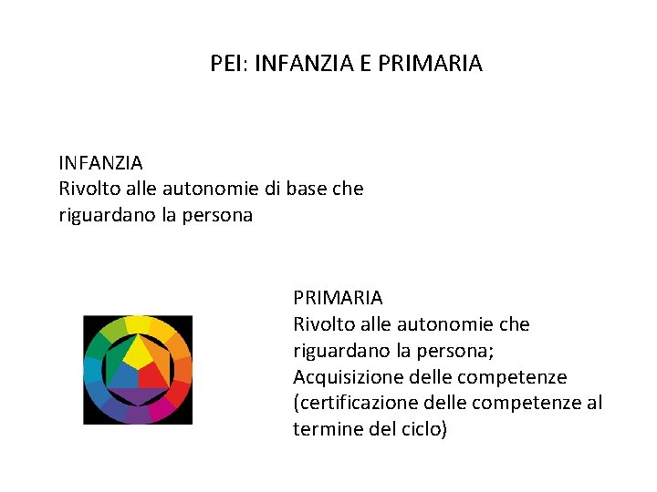 PEI: INFANZIA E PRIMARIA INFANZIA Rivolto alle autonomie di base che riguardano la persona