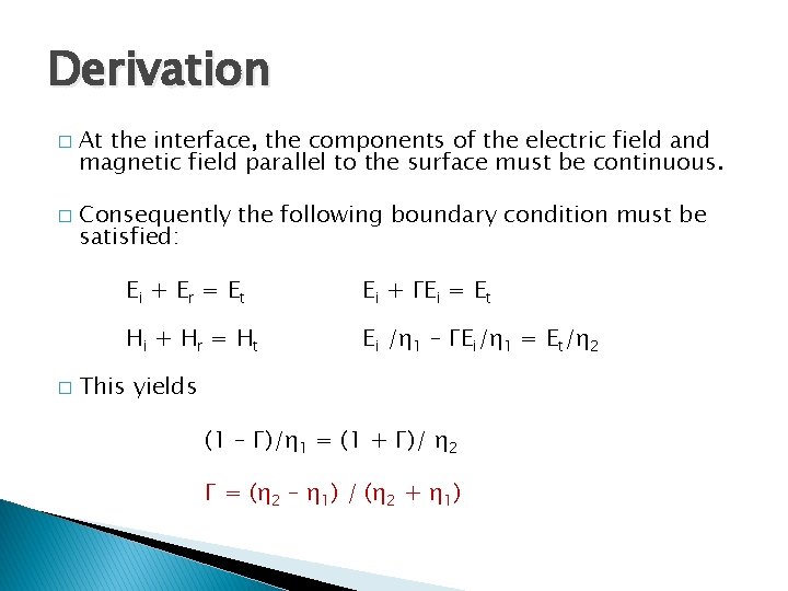 Derivation � � � At the interface, the components of the electric field and