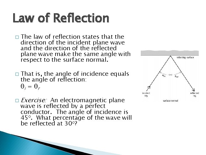 Law of Reflection � � � The law of reflection states that the direction