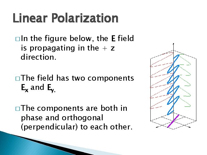 Linear Polarization � In the figure below, the E field is propagating in the