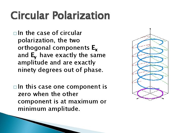 Circular Polarization � In the case of circular polarization, the two orthogonal components Ex