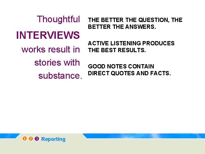 Thoughtful INTERVIEWS works result in stories with substance. 1 2 3 Reporting THE BETTER