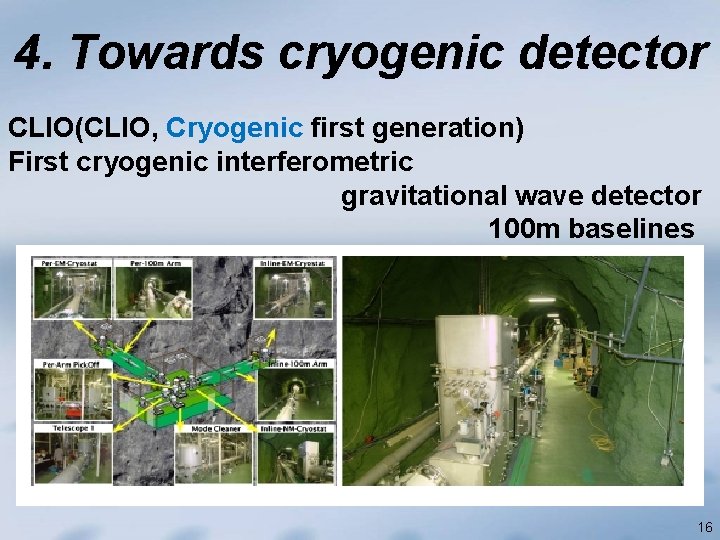 4. Towards cryogenic detector CLIO(CLIO, Cryogenic first generation) First cryogenic interferometric gravitational wave detector