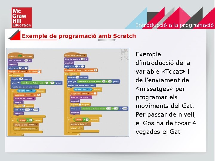 Introducció a la programació Exemple de programació amb Scratch Exemple d’introducció de la variable