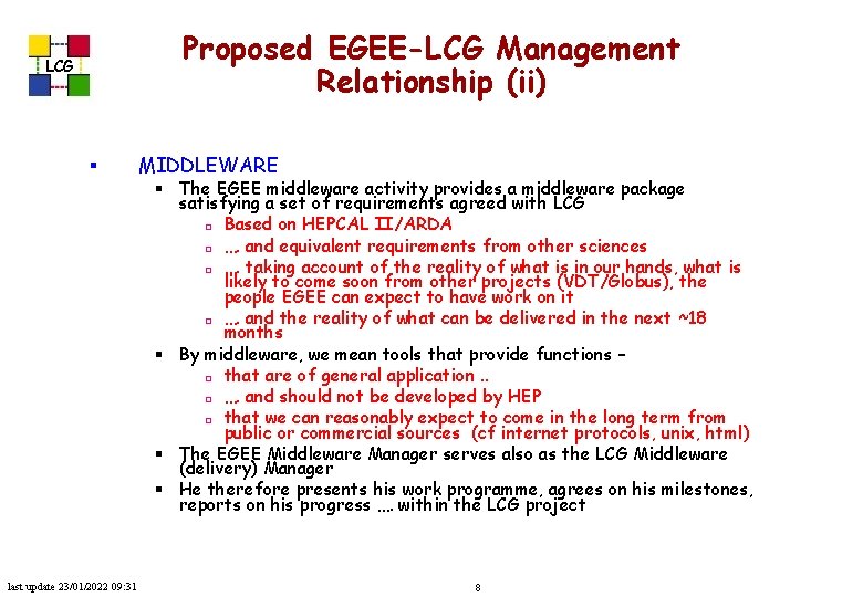 Proposed EGEE-LCG Management Relationship (ii) LCG § last update 23/01/2022 09: 31 MIDDLEWARE §