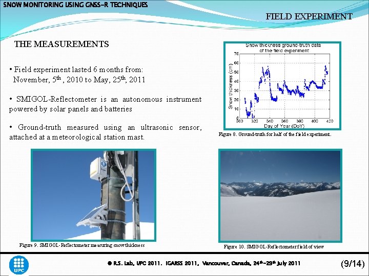 SNOW MONITORING USING GNSS-R TECHNIQUES FIELD EXPERIMENT THE MEASUREMENTS • Field experiment lasted 6
