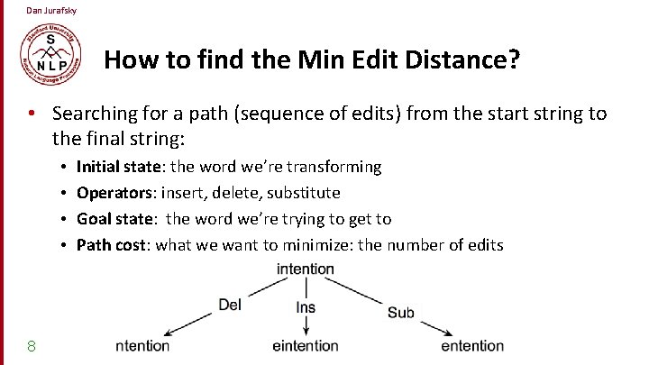 Dan Jurafsky How to find the Min Edit Distance? • Searching for a path