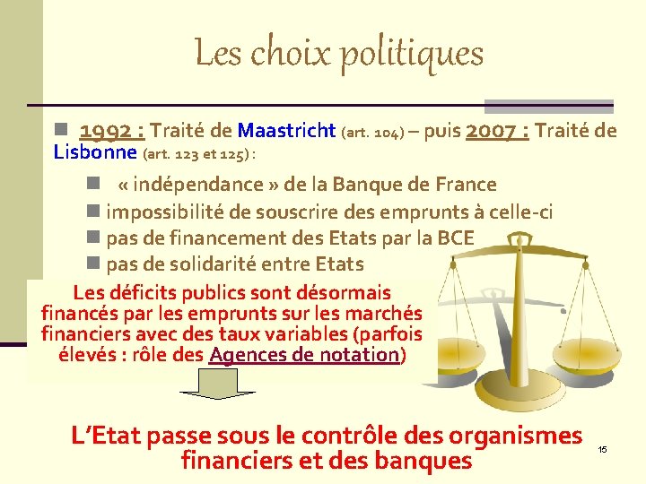 Les choix politiques n 1992 : Traité de Maastricht (art. 104) – puis 2007