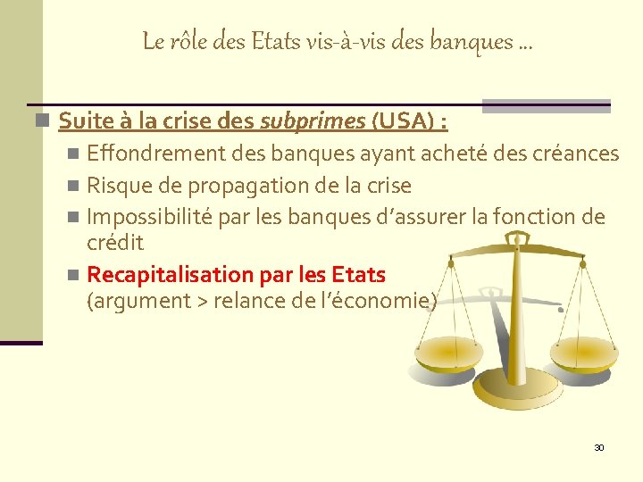 Le rôle des Etats vis-à-vis des banques … n Suite à la crise des