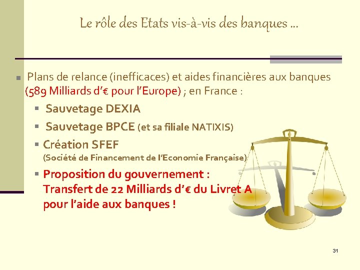 Le rôle des Etats vis-à-vis des banques … n Plans de relance (inefficaces) et