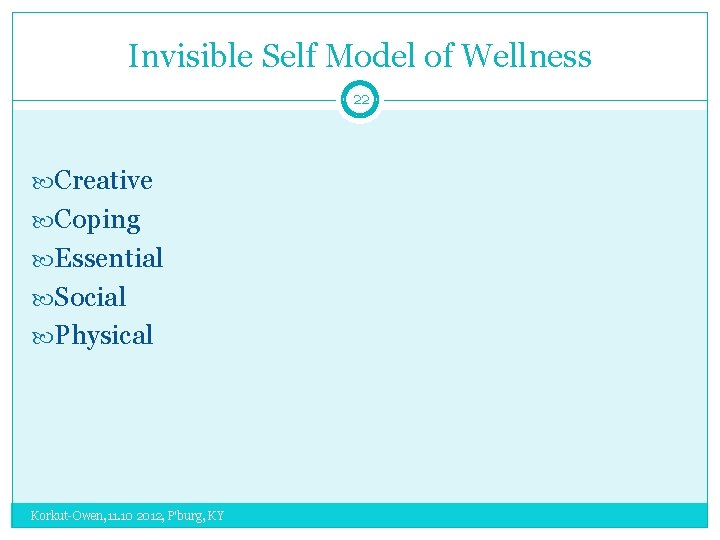 Invisible Self Model of Wellness 22 Creative Coping Essential Social Physical Korkut-Owen, 11. 10