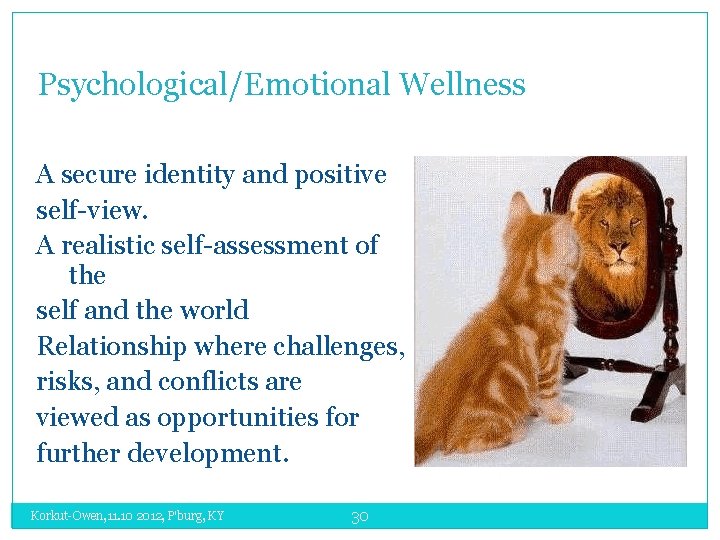 Psychological/Emotional Wellness A secure identity and positive self-view. A realistic self-assessment of the self