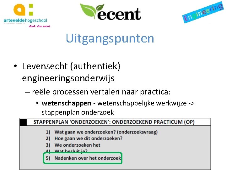 Uitgangspunten • Levensecht (authentiek) engineeringsonderwijs – reële processen vertalen naar practica: • wetenschappen -