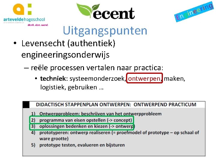 Uitgangspunten • Levensecht (authentiek) engineeringsonderwijs – reële processen vertalen naar practica: • techniek: systeemonderzoek,