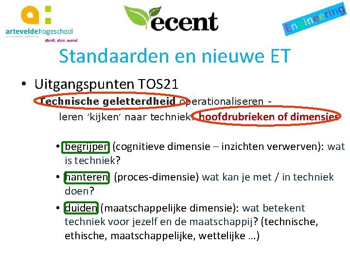 Standaarden en nieuwe ET • Uitgangspunten TOS 21 Technische geletterdheid operationaliseren leren ‘kijken’ naar