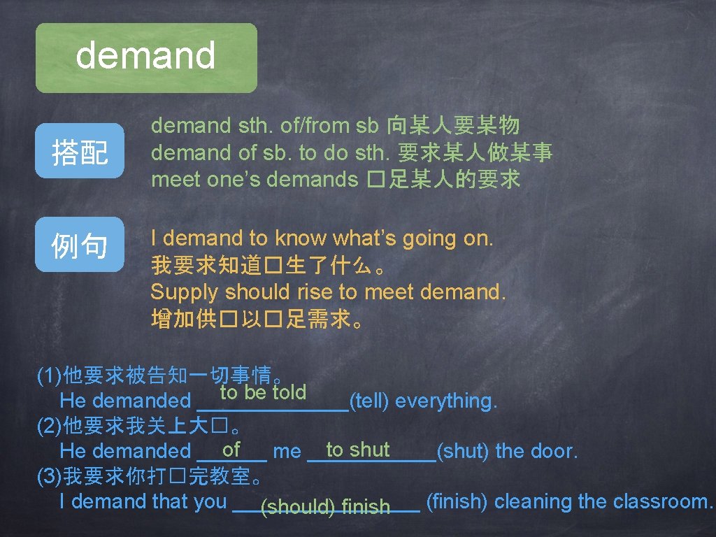 demand 搭配 例句 demand sth. of/from sb 向某人要某物 demand of sb. to do sth.