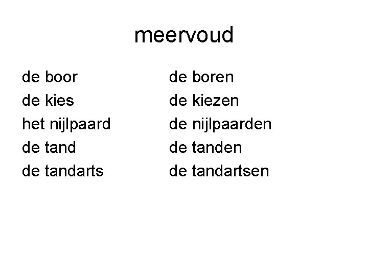 meervoud de boor de kies het nijlpaard de tandarts de boren de kiezen de